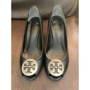 Tory Burch Black Leather Sally Peep Toe Wedges Size 8
